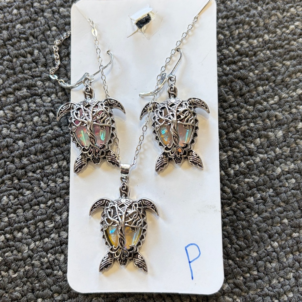 Silver Turtle Pendant and Earring Set